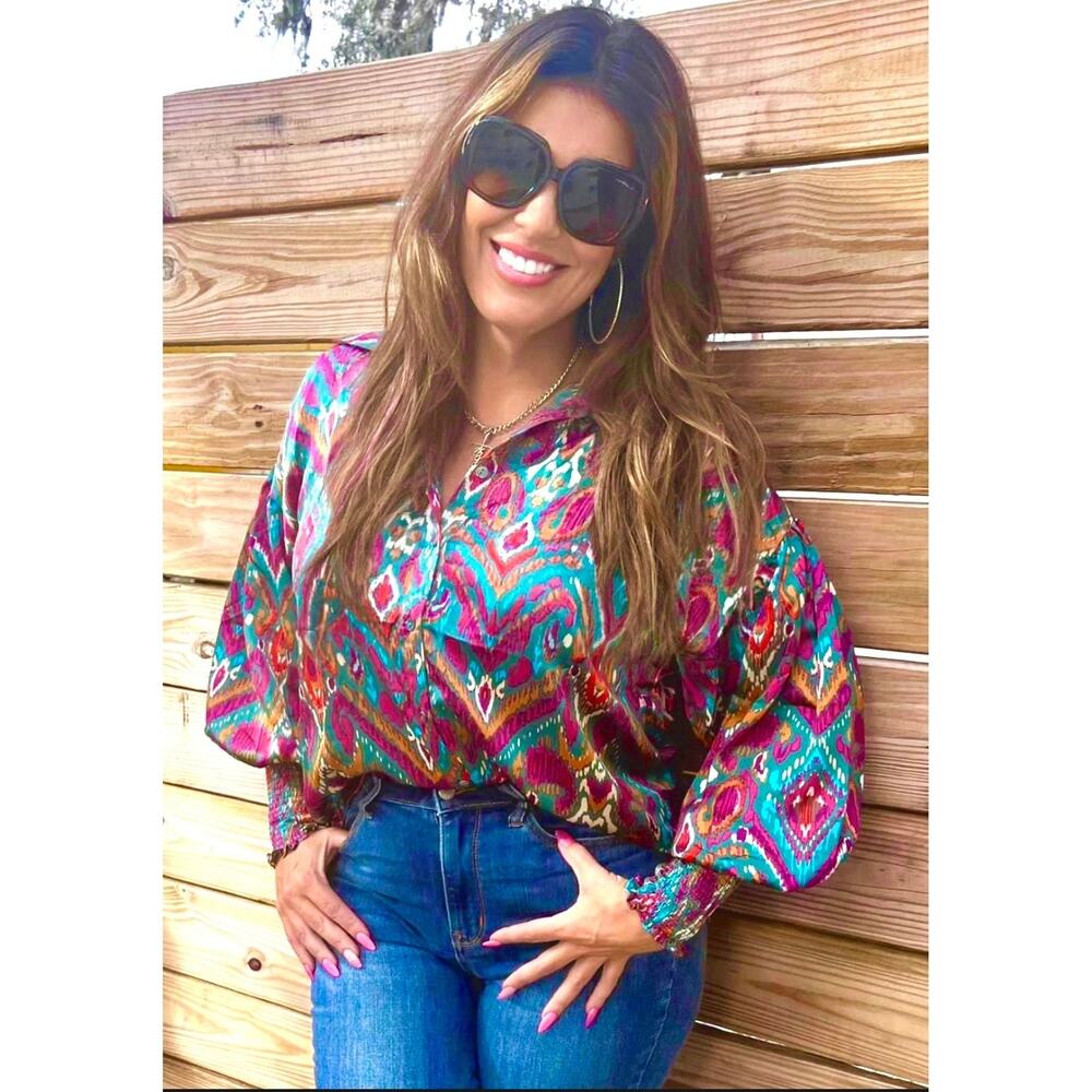 Multicolor Silky Long Sleeve Blouse by Entro, Size Large NWT